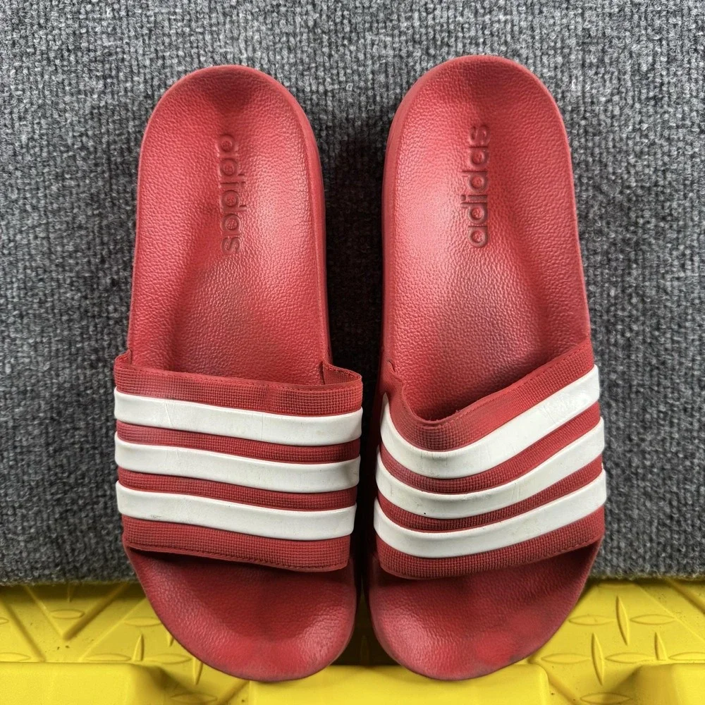 Adidas Cloudfoam Sandals Mens Size 9 Red Slide Striped Logo Comfort Slip On